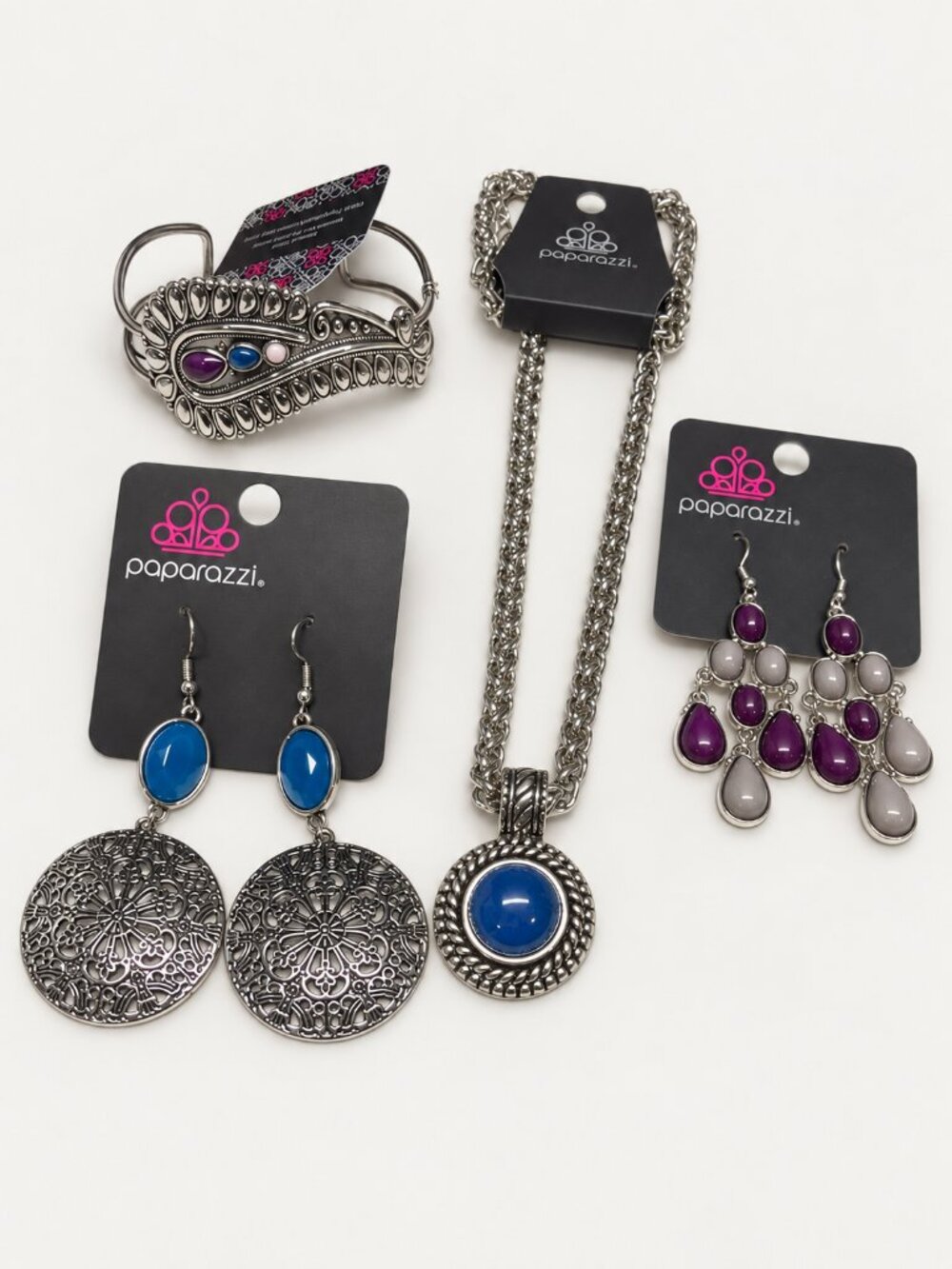 Paparazzi Blue Purple Silver Tone Necklace 2 Earring Pairs Cuff Bundle